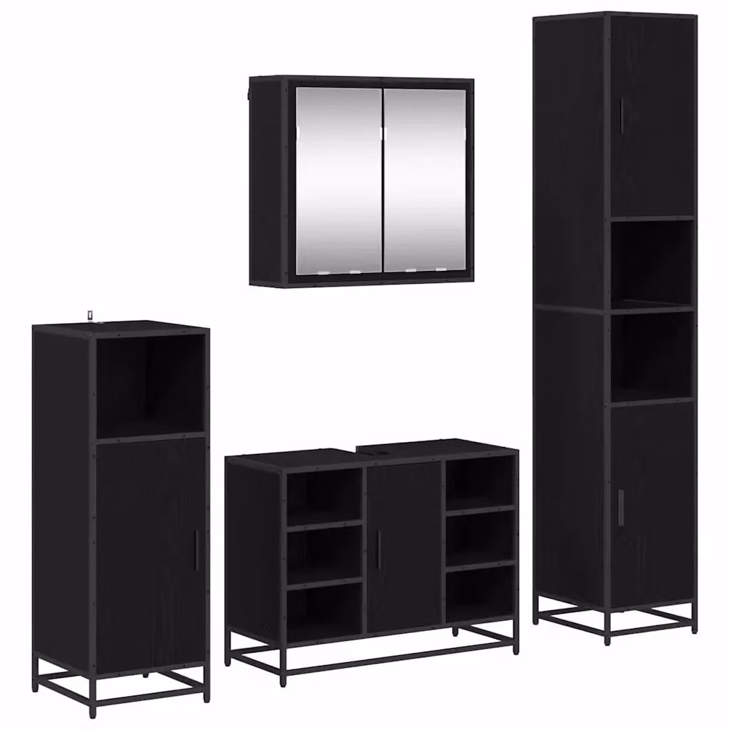 Set di mobili per il bagno moderno vidaXL composto da 4 pezzi in legno e metallo nero con illuminazione LED, include armadietto con specchio, mobile lavabo, mobile laterale e colonna alta, L/P/H: 188.5 x 80.0 x 33.0 cm – 2