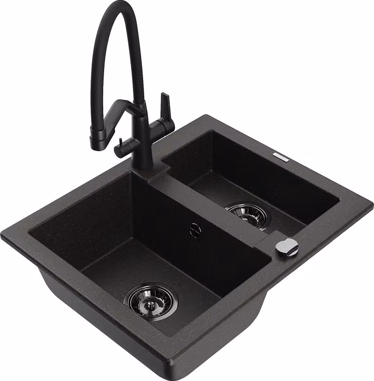 Mexen Carlos lavello in granito a 1,5 vasche con miscelatore da cucina Duo, nero/oro metallizzato - 6518-75-671701-70-B