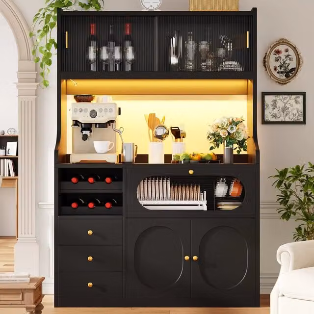 Mobile alto cucina con LED RGB e 3 cassetti ¨C Minimal ¨C Bianco/Nero, ante vetro scorrevoli, 120cm