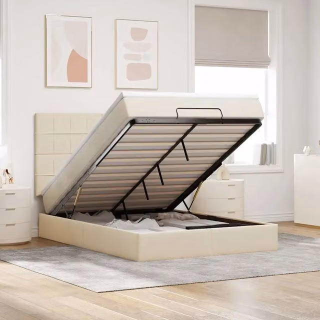 Letto con contenitore a sollevamento vidaXL in tessuto beige e bianco L/P/H: 200 x 140 x 28 cm