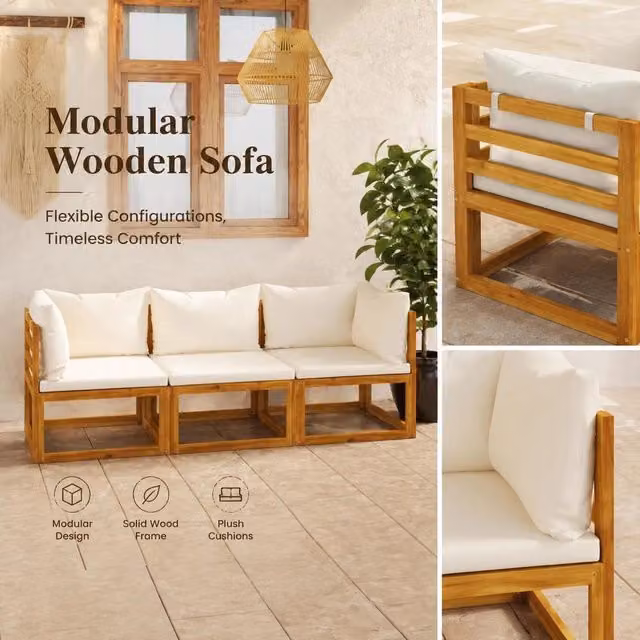 3-seater Garden Sofa With Cream Cushion, Solid Acacia Wood
