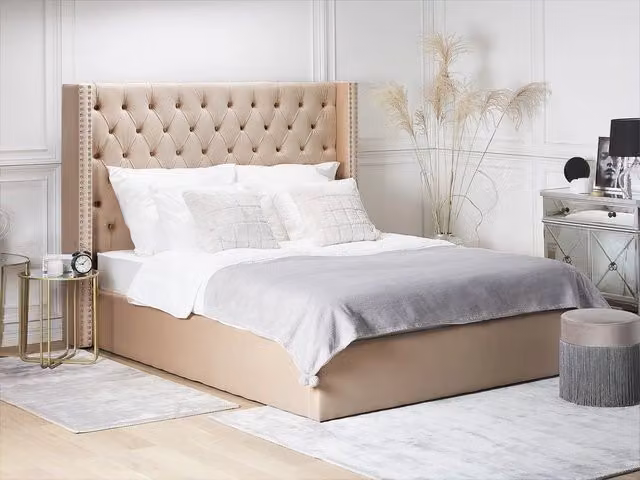 Letto con contenitore Beliani in velluto beige con testiera alta L/P/H: 160 x 200 x 110 cm