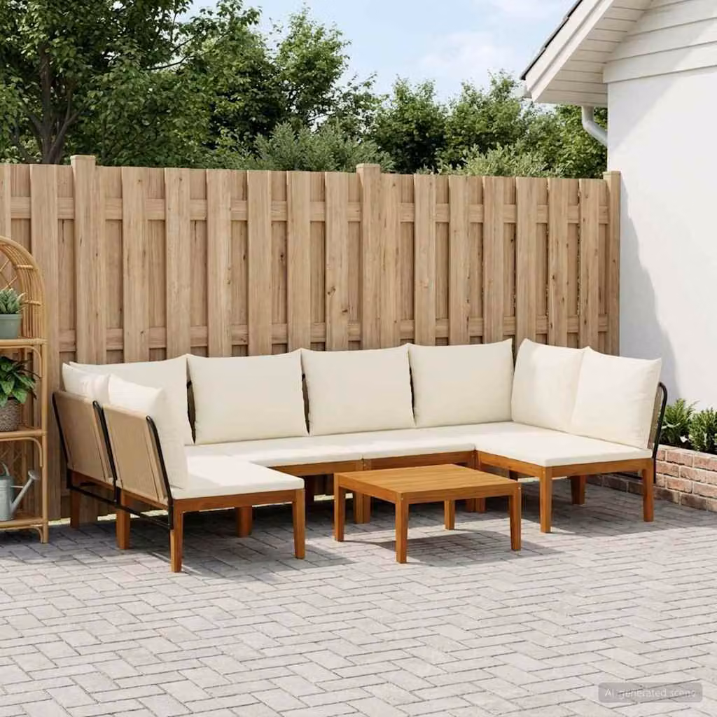 Set da giardino vidaXL in legno di acacia con cuscini beige e marrone, composto da 7 pezzi con divano angolare, divano a 3 posti e tavolino da caffè