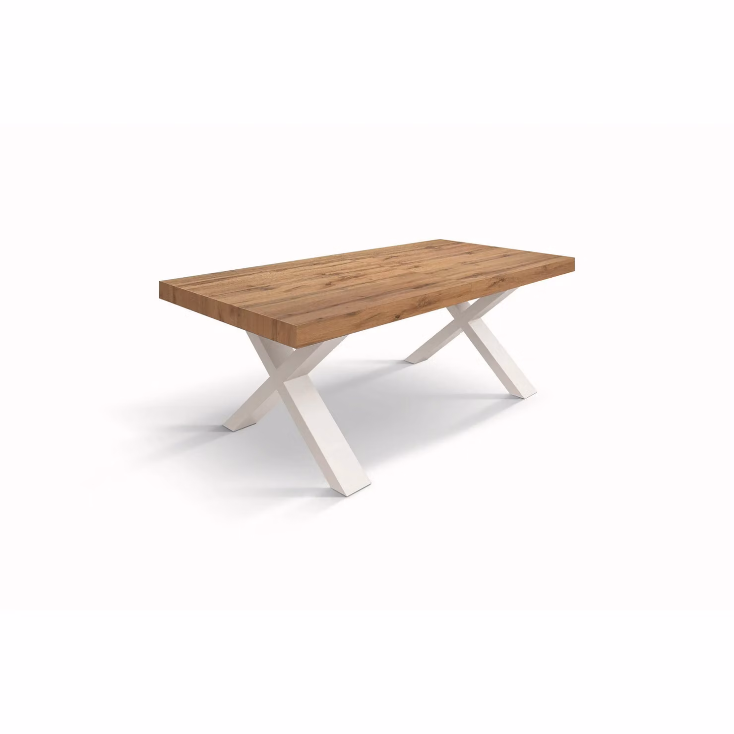 Tavolo allungabile AMALFI in legno effetto rovere rustico e gambe a X bianche, allungabile 160×90 cm – 240×90 cm
