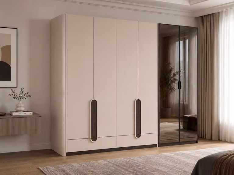 Set per camera da letto: armadio a 4 ante, armadio a 2 ante, design moderno, colore beige, grande