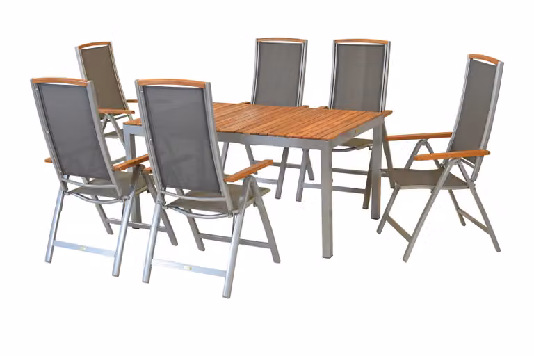 Set di mobili da giardino Merxx Siena 7 pezzi, 6 sedie pieghevoli, tavolo 150 x 90 cm, argento/grigio - alluminio/tessuto/acacia