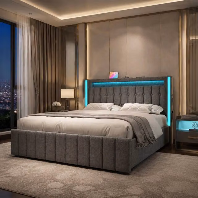 Letto imbottito 160x200 cm grigio con LED, ricarica USB-C e 4 cassetti
