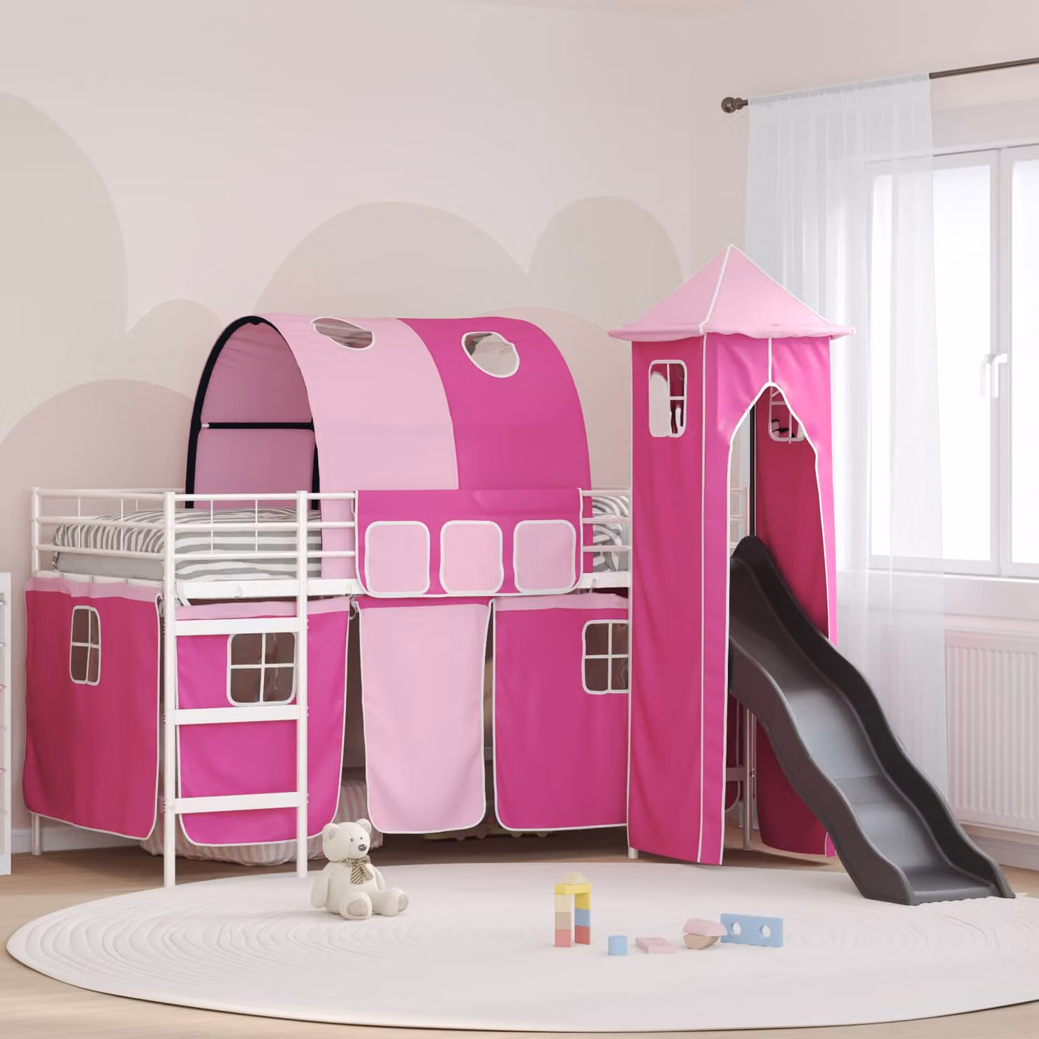 Letto a castello per bambini vidaXL in metallo Bianco e Rosa L/P/H: 200 x 100 x 205 cm
