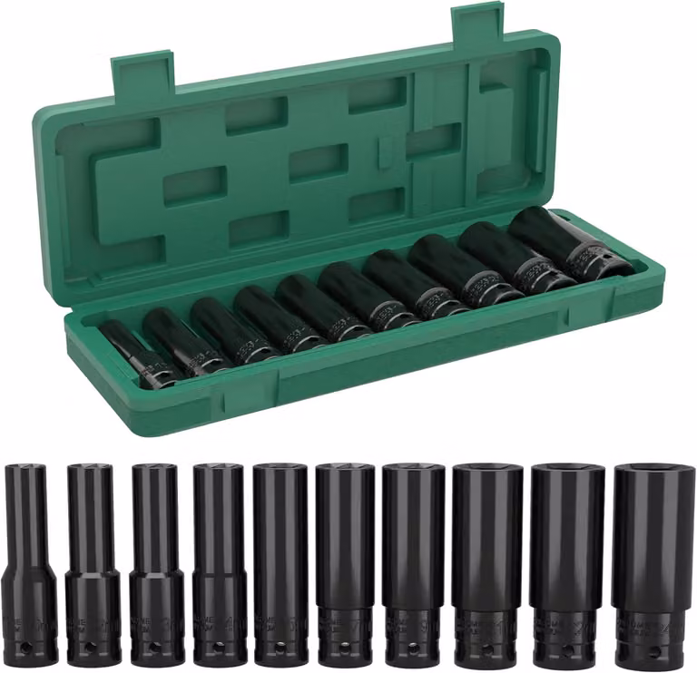 Set di chiavi a percussione da 10 pezzi, 1/2 pollice, da 10 a 24 mm, in acciaio Cr-V, con custodia in plastica, per la manutenzione dell'auto