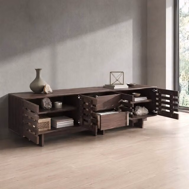 Mobile TV in stile Mid-Century con 2 cassetti; 4 ante e 6 vani; 200x39;5x55 cm; noce
