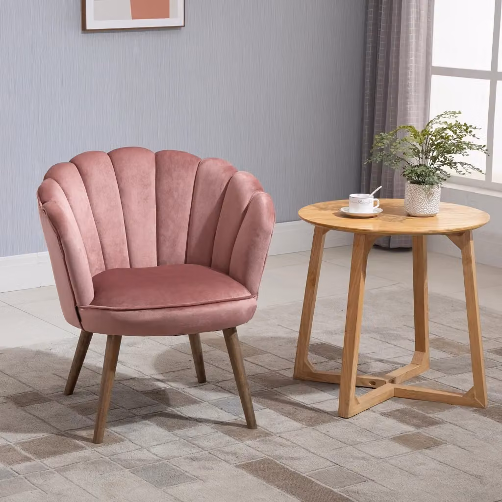 EasyComfort Poltrona Imbottita in Velluto Rosa con Schienale a Conchiglia e Gambe in Legno, L 66 x P 66 x H 78.5 cm – 2
