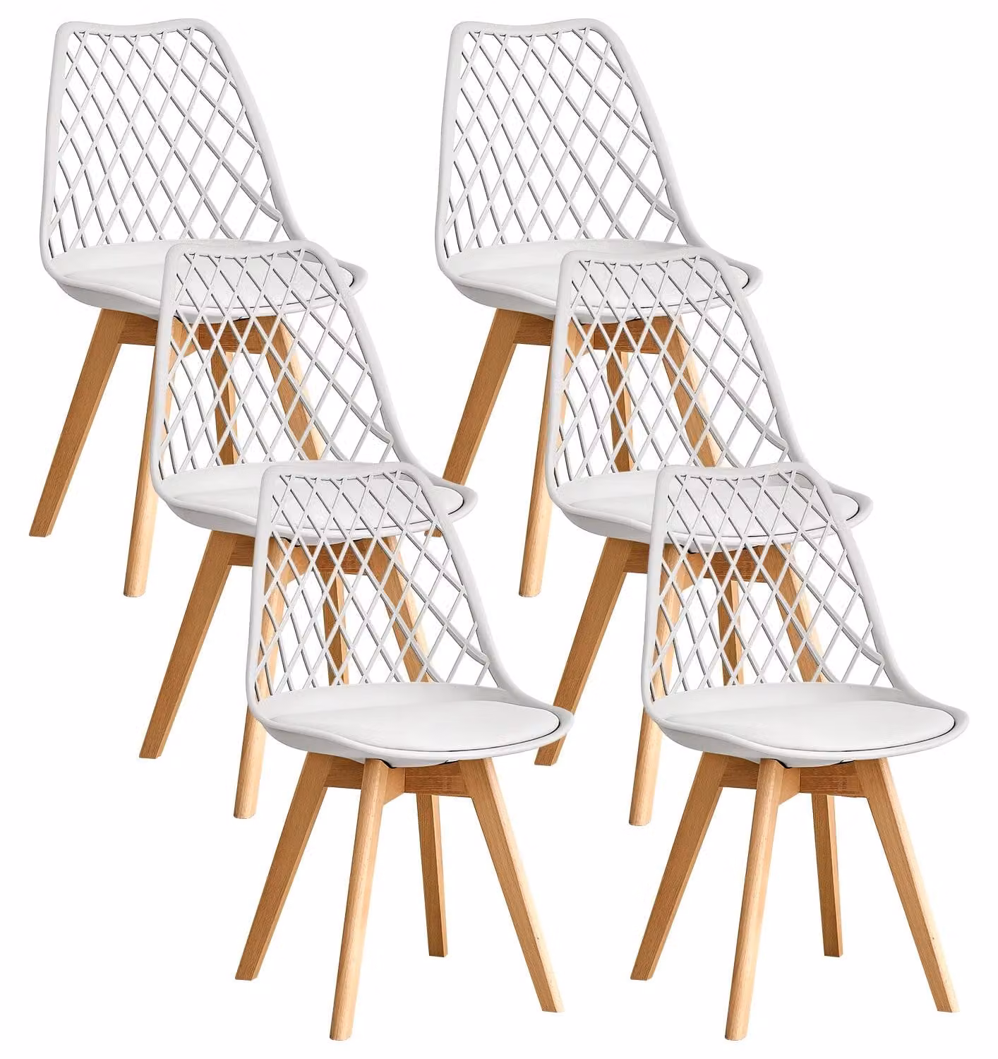 Sedie da pranzo in stile nordico - Set di 6 sedie da cucina - Seduta in plastica - Schienale a rete - Gambe in legno massello - Bianco