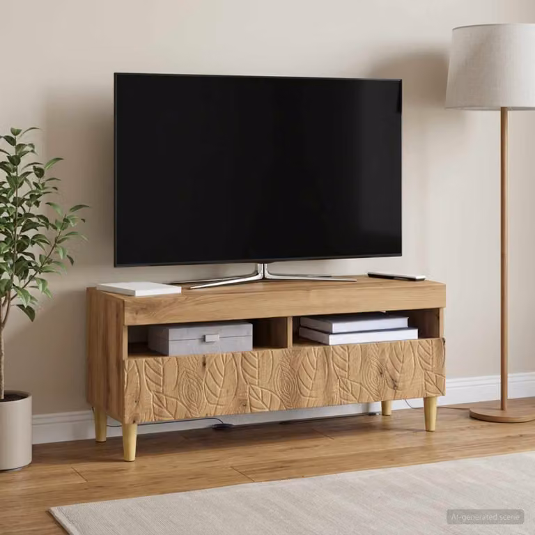 Mobile TV stand vidaXL in legno ingegnerizzato rovere marrone con illuminazione integrata e scomparti multimediali L: 100 cm, P: 35 cm, H: 43 cm