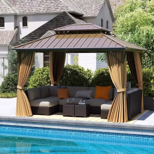 Gazebo da giardino Costway con tetto hardtop a doppia falda in metallo zincato e alluminio effetto legno, colore marrone, con zanzariera e 4 teli laterali, L: 3,5 m x P: 3 m – 1