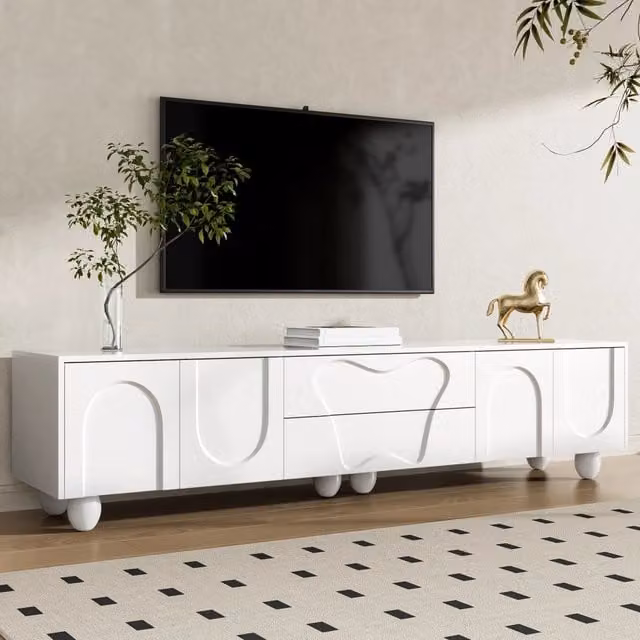 Mobile TV Mivray bianco con ante curve e cassetti, gambe in legno e finitura opaca, L 180 x P 40 x H 42 cm