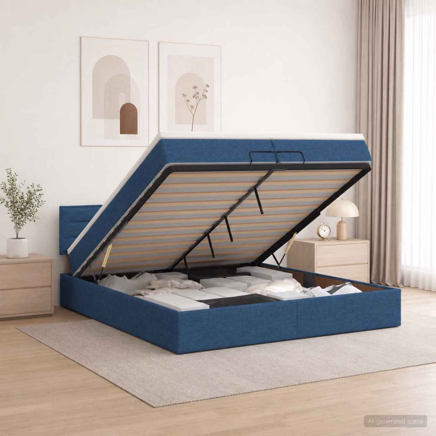 Letto ottomano con materasso vidaXL in tessuto blu, L/P: 200 x 200 cm