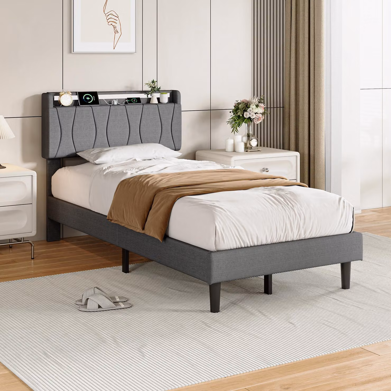 Letto imbottito REMZETTA, 90x200 cm, singola, con LED RGB, controllo tramite app, porta USB-C, 2 porte USB e rete a doghe, colore grigio, senza materasso