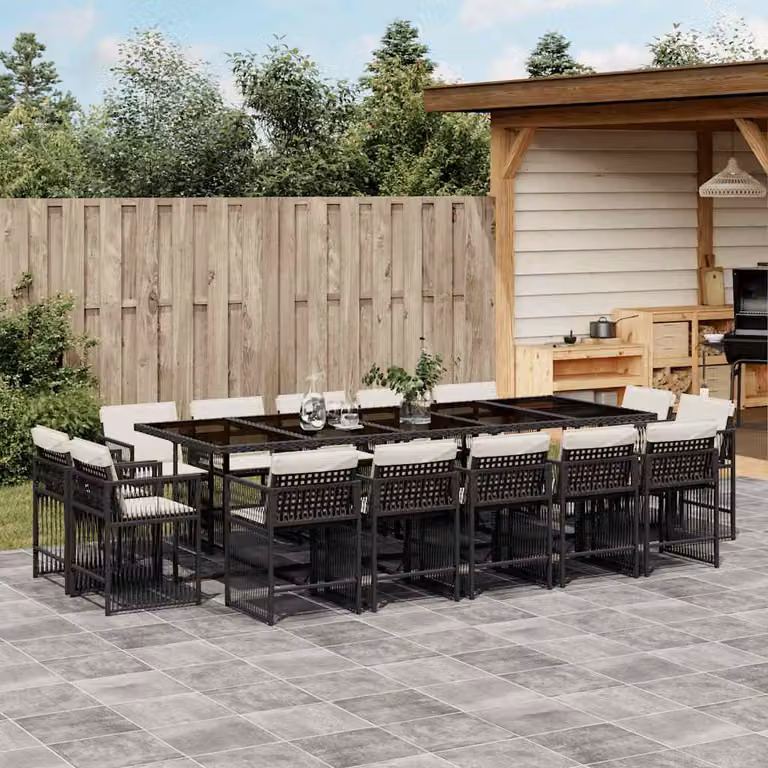 Set da Pranzo da Giardino vidaXL in Polyrattan Nero con Cuscini e Tavolo in Vetro 15 pz