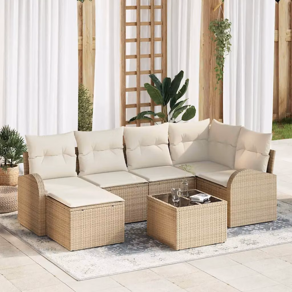 Set di divani da giardino vidaXL in rattan con cuscini beige e bianco e struttura in acciaio per terrazza e giardino – 1