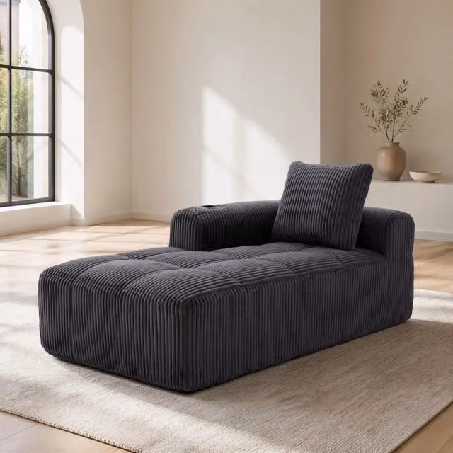 Divanetto compatto in velluto a coste grigio scuro con tasche e portabicchieri; 158 x 93 x 61 cm