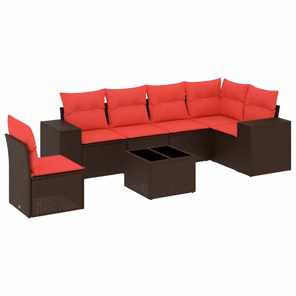Set da giardino moderno vidaXL composto da 7 pezzi con divano a L, poltrone, elementi angolari e tavolino da caffè in rattan marrone con cuscini imbottiti e coperture rimovibili – 2