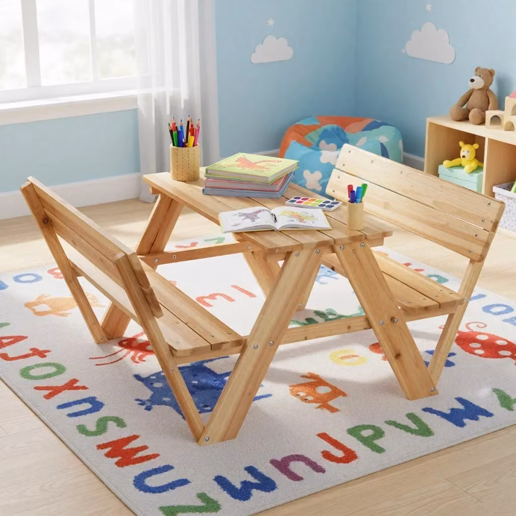 Set di tavolo e panche integrate per bambini in legno di abete marrone per giardino e cortile – 2