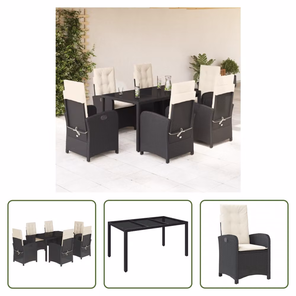 The Living Store Set da pranzo da giardino 7 pezzi con cuscini in polirattan nero