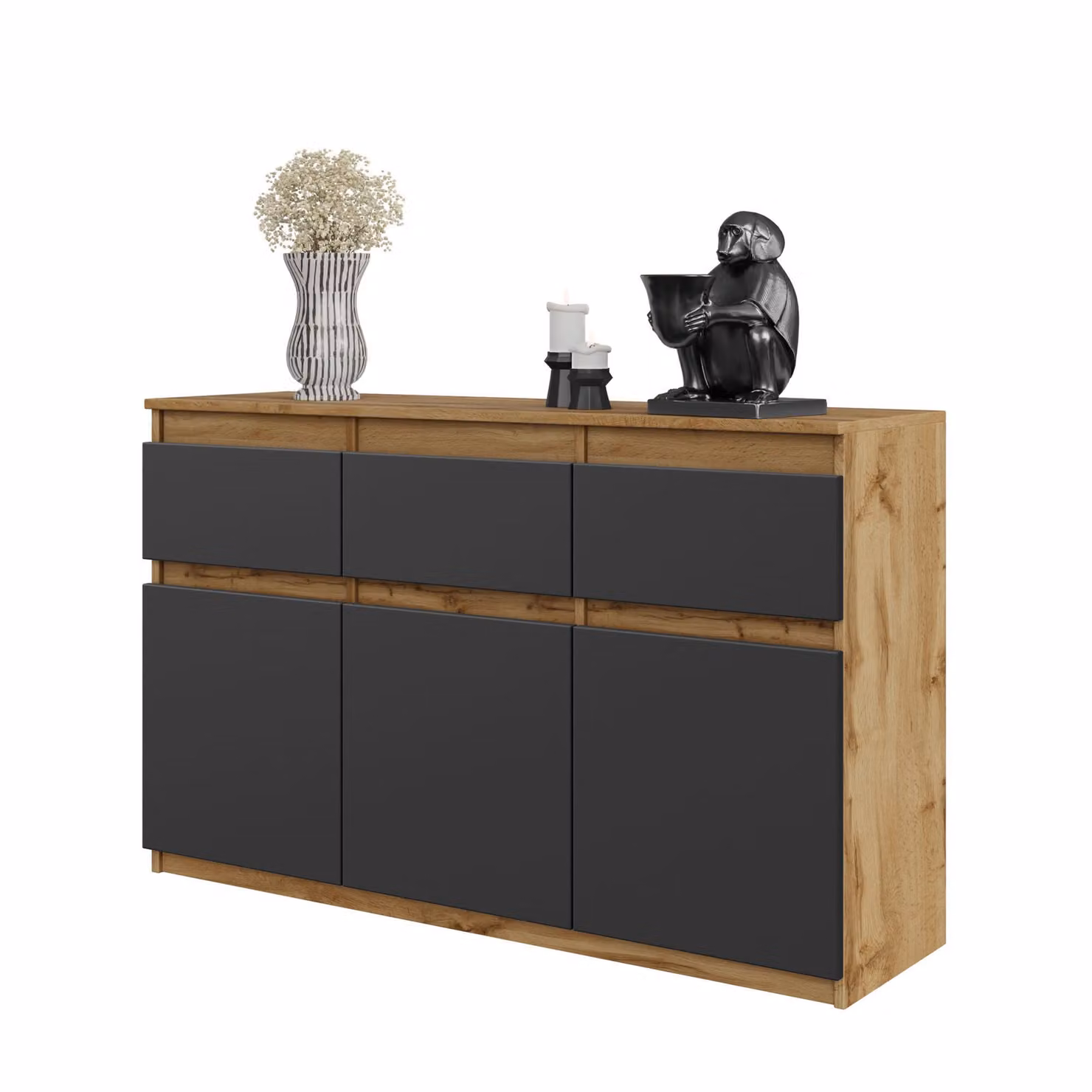 NOAH – Comò / Credenza con 3 cassetti e 3 ante – Rovere Wotan / Antracite – Altezza 75 cm, Larghezza 120 cm, Profondità 35 cm