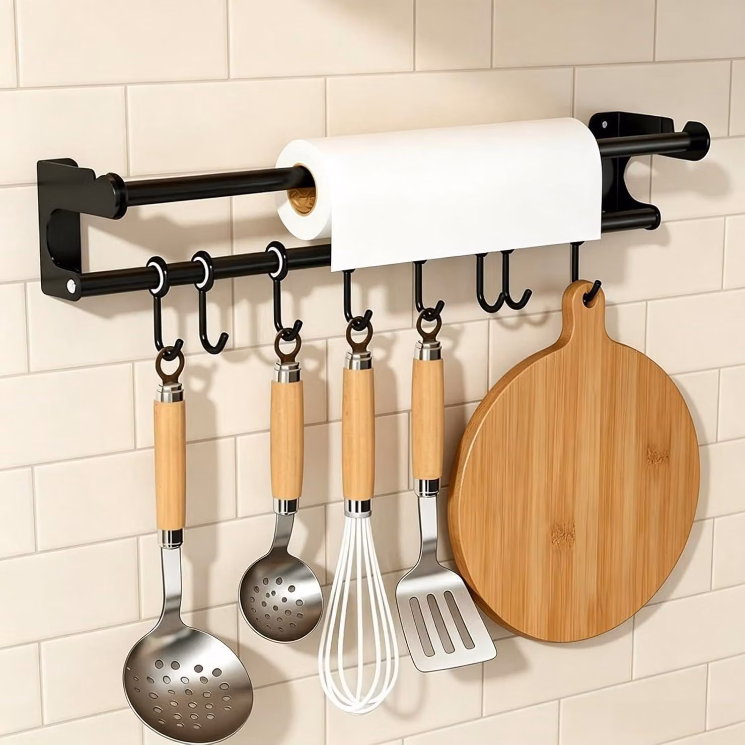 Portaoggetti da parete per cucina, 50 cm, con 8 ganci regolabili, Acciaio al carbonio, ideale per utensili da cucina