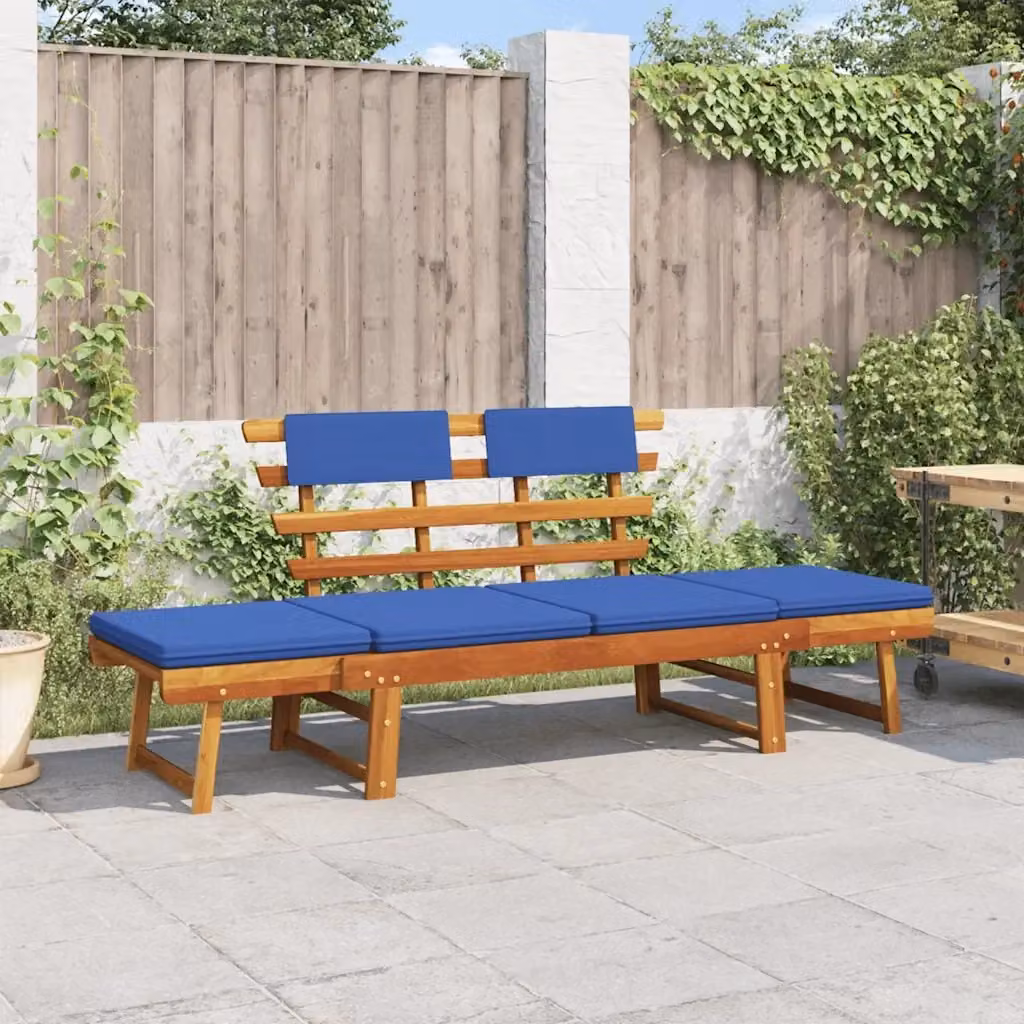Panchina da Giardino 2-in-1 in Legno di Acacia Oliato con Cuscini Blu L: 190 cm – 2