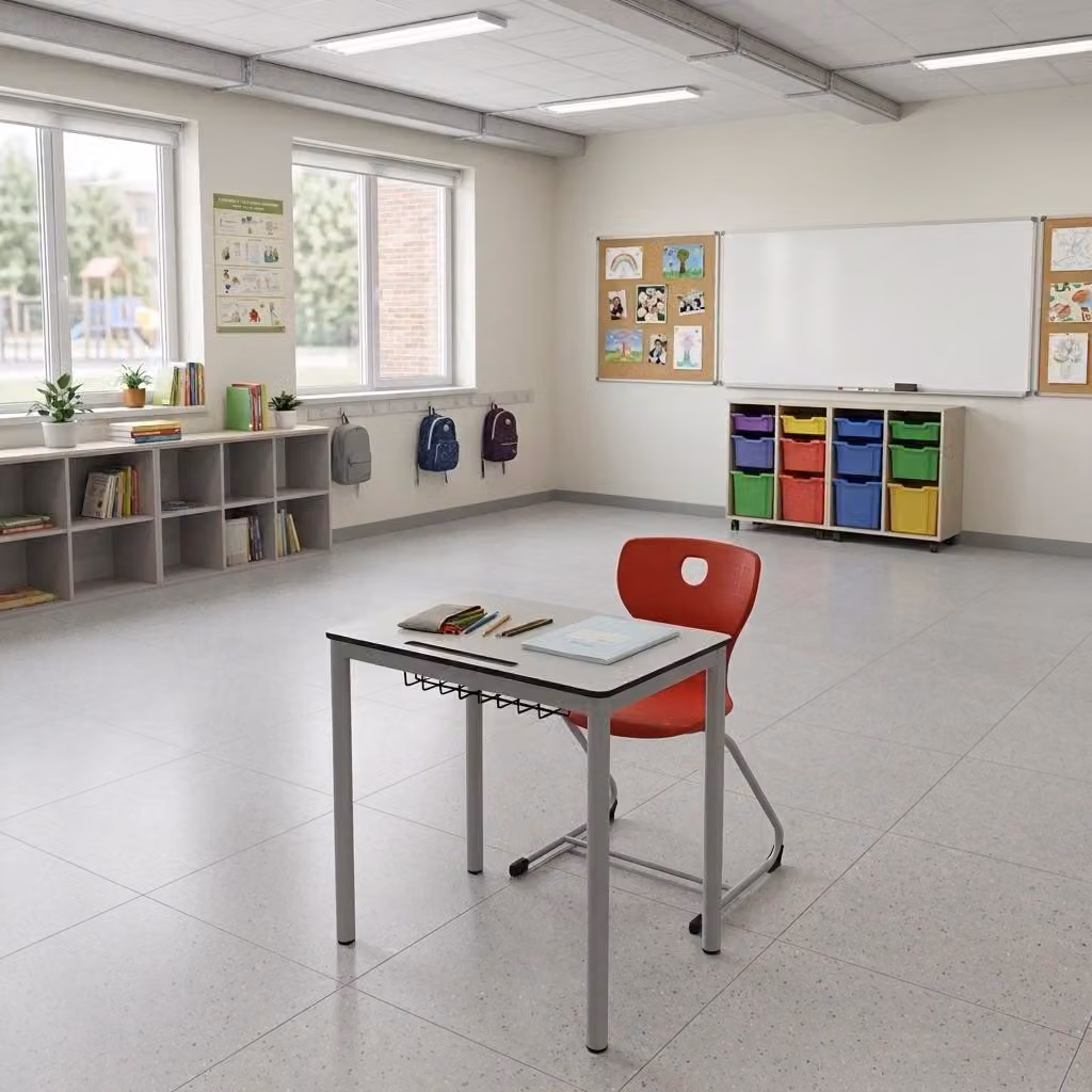 Set scolastico moderno ed ergonomico, grigio: banco rosso e sedia, tavolo singolo