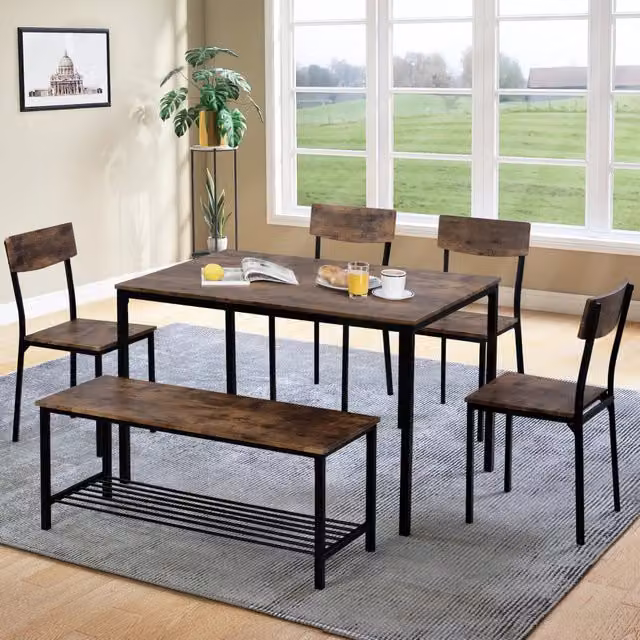 Set da pranzo REDOM composto da tavolo rettangolare e 6 sedie in stile industriale, colore marrone e nero, realizzato in MDF e metallo