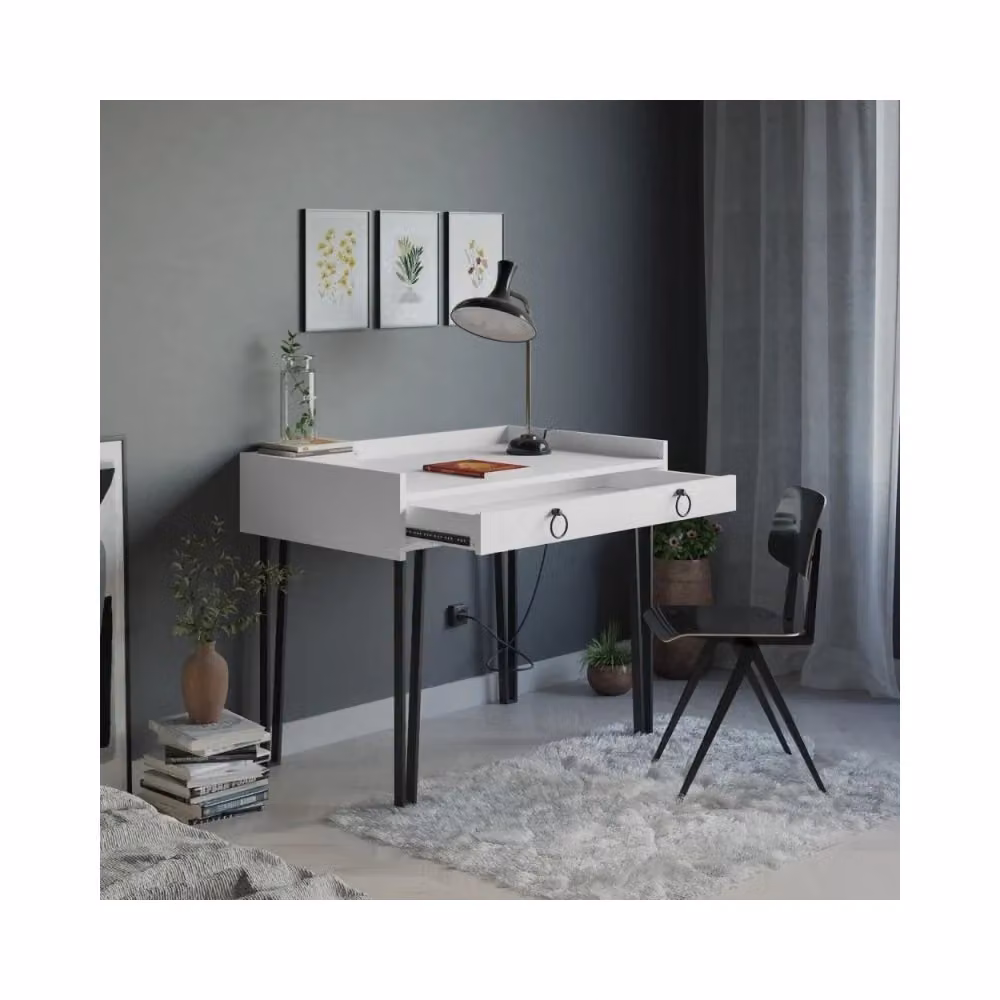Scrivania Sponge bianca con gambe in metallo nero e cassetto L: 100 cm, P: 62 cm, H: 81,5 cm – 2