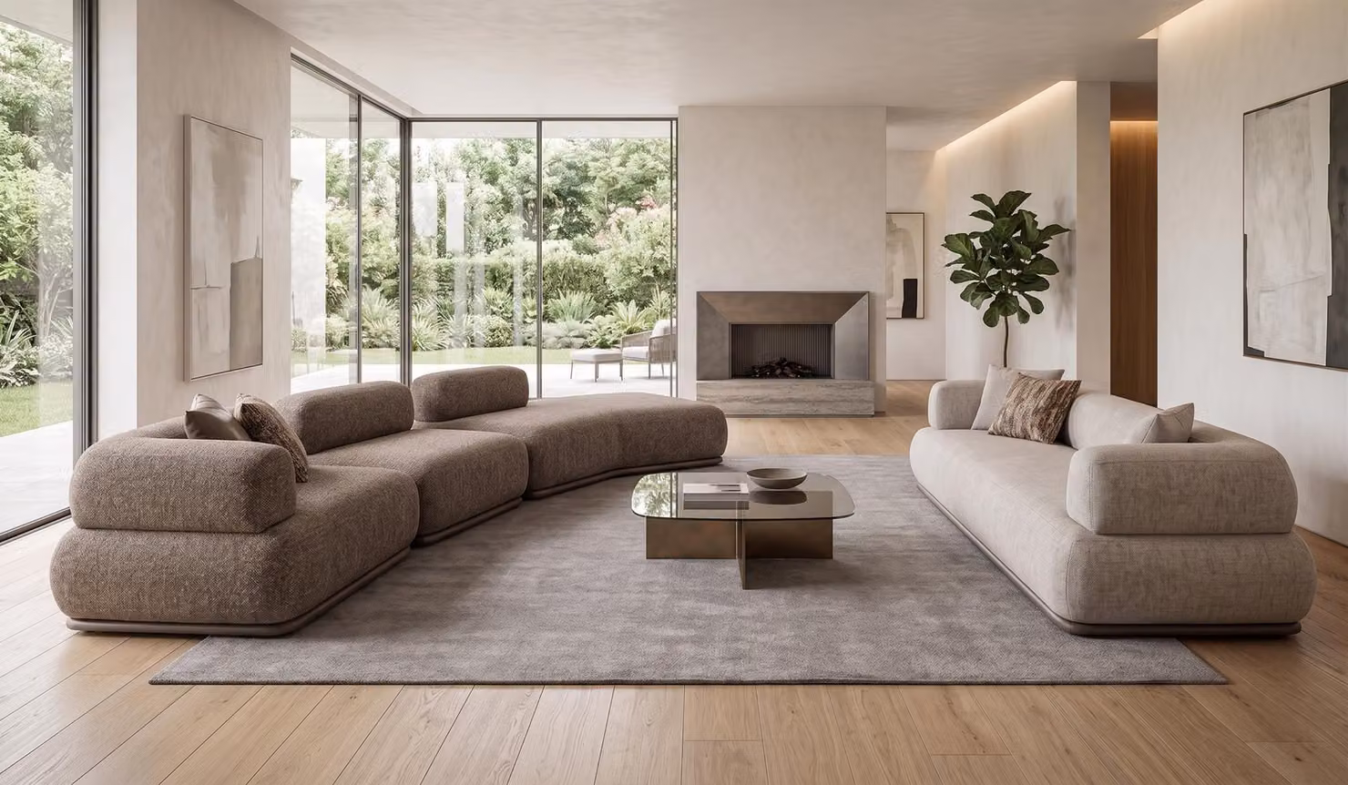 Divano angolare modulare beige e divano a tre posti in tessuto, design moderno e confortevole
