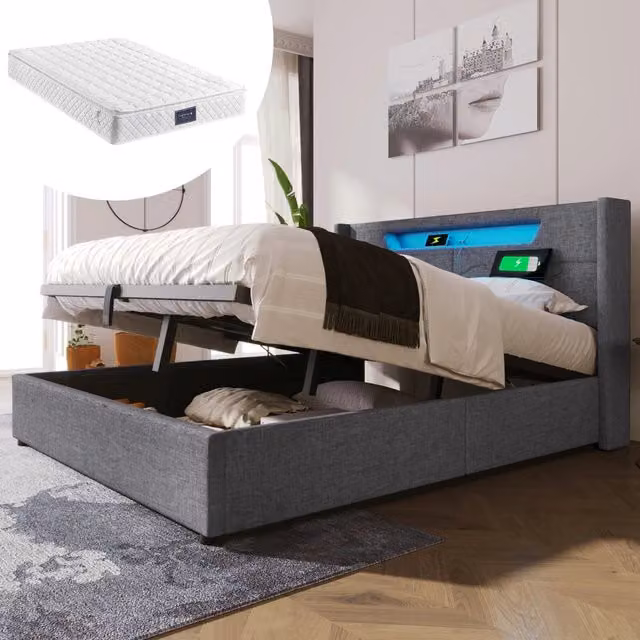 LETTO imbottito 160x200 cm in tessuto grigio con LED e porte USB Type C