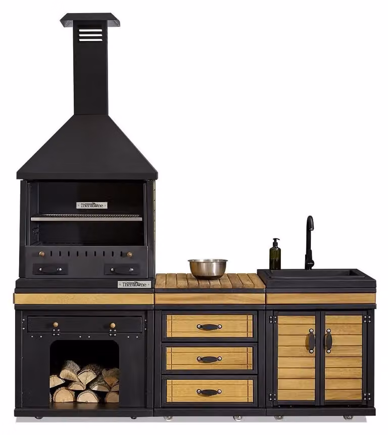Moderne Außenküche in Schwarz aus Holz und Edelstahl