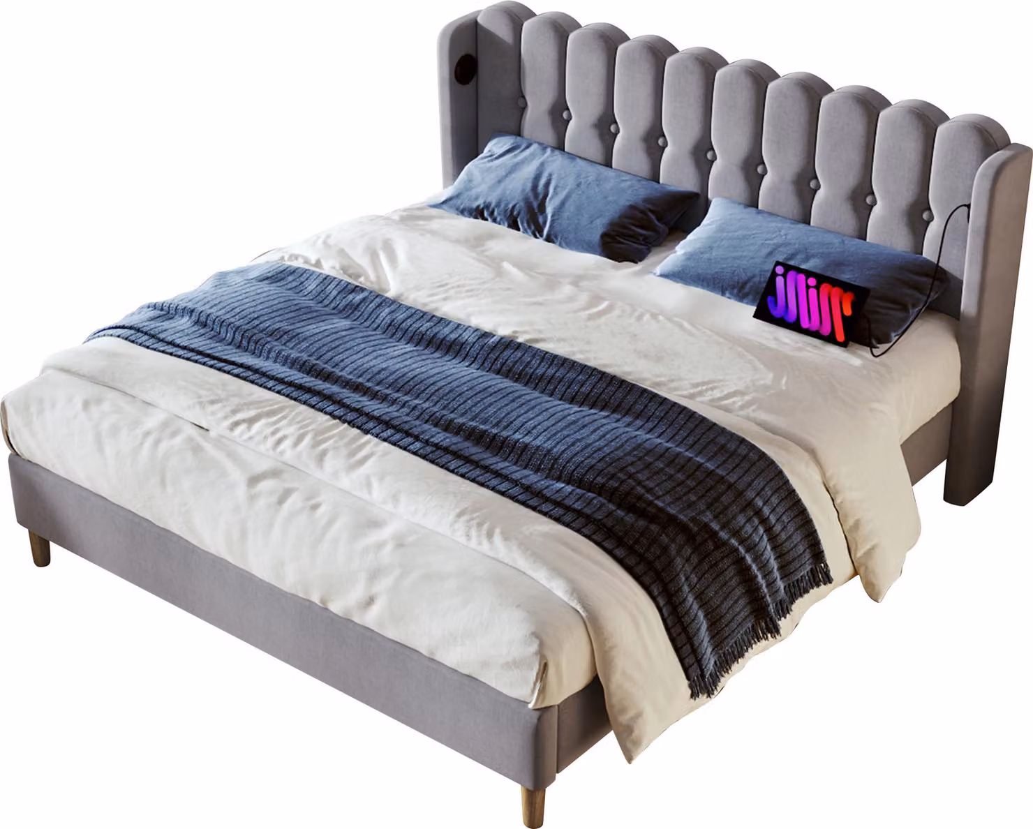 Letto imbottito 160x200 cm, colore grigio, con funzione di ricarica USB e di tipo C, rivestito in lino e dotato di rete a listelli, ideale per la camera da letto