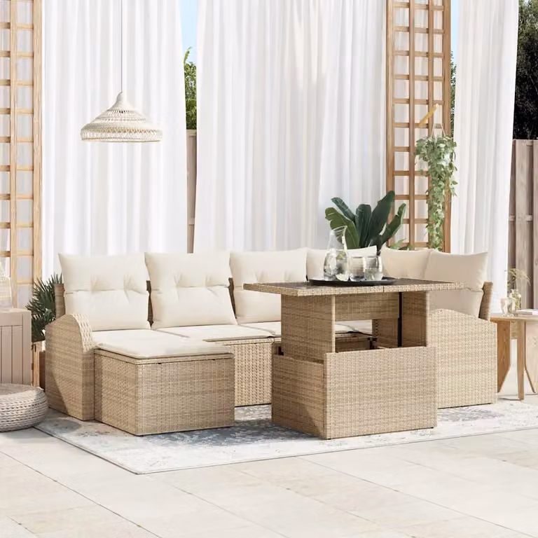 Set Divano da Giardino Moderno vidaXL in Polyrattan Beige con Cuscini e Tavolino da Esterno a Forma di L, 7 Pezzi
