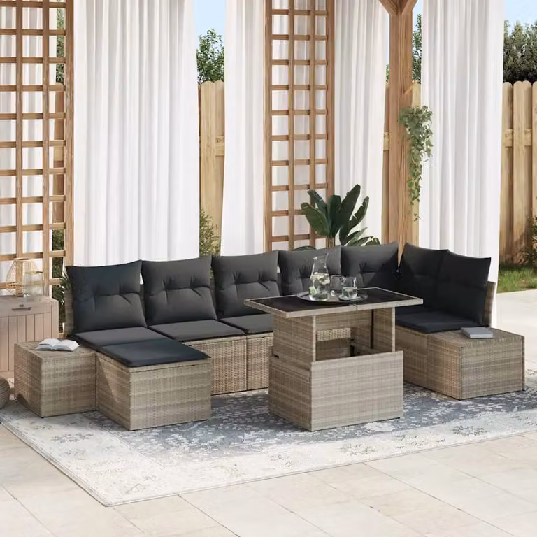 Set Divano da Giardino a L vidaXL 8 pz Grigio con Cuscini e Tavolino in Polyrattan e Acciaio