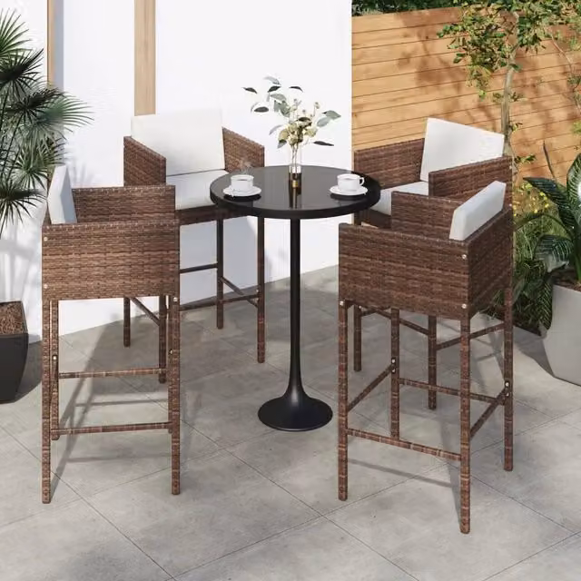 Set di 4 sgabelli da bar vidaXL in rattan e metallo con cuscini marroni per giardino in stile moderno