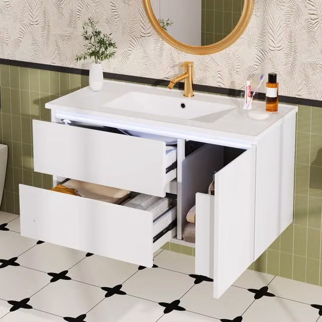 Mobile sottolavabo con lavabo in ceramica, LED con sensore radar, 2 cassetti e 1 vano, bianco 91 × 46,5 × 50,5 cm