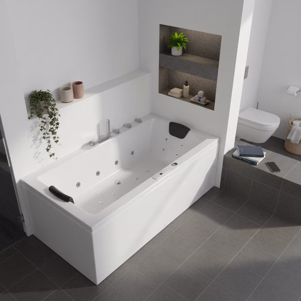 Caribia LUXUS Vasca idromassaggio X-Tube Premium / 180x90 - 24 getti idromassaggio, cascata, 2 LED grandi, Bluetooth e radio e pannello touch