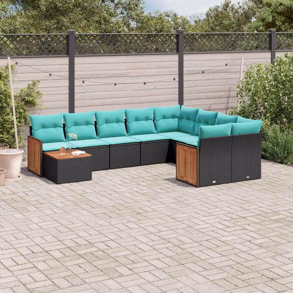 Set Divani da Giardino vidaXL 10 pz in Polyrattan Nero con Cuscini
