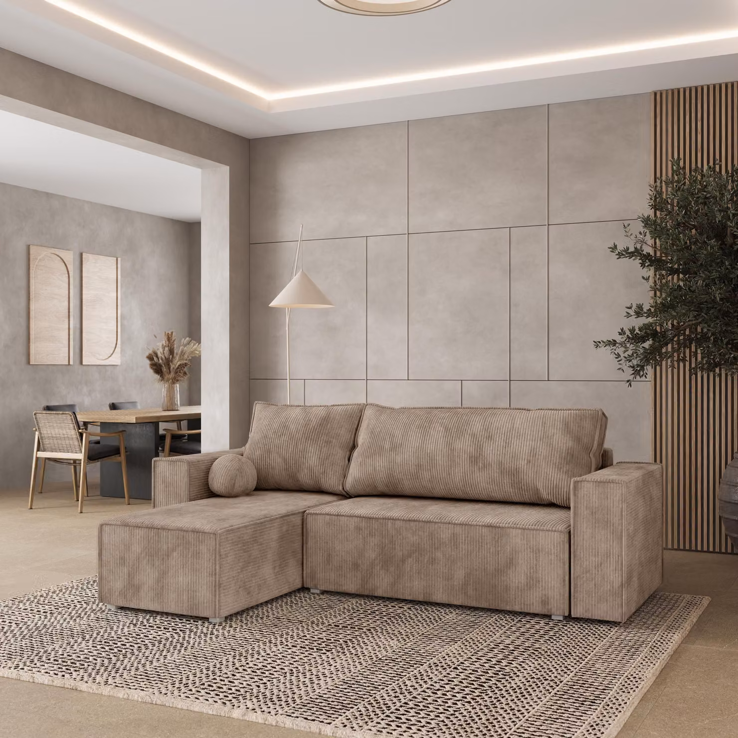 Divano angolare Masseno RAVELO P con funzione letto a L, divano con box letto, divano da salotto, divano, divano, divano letto, set di divani - beige, POSO 02