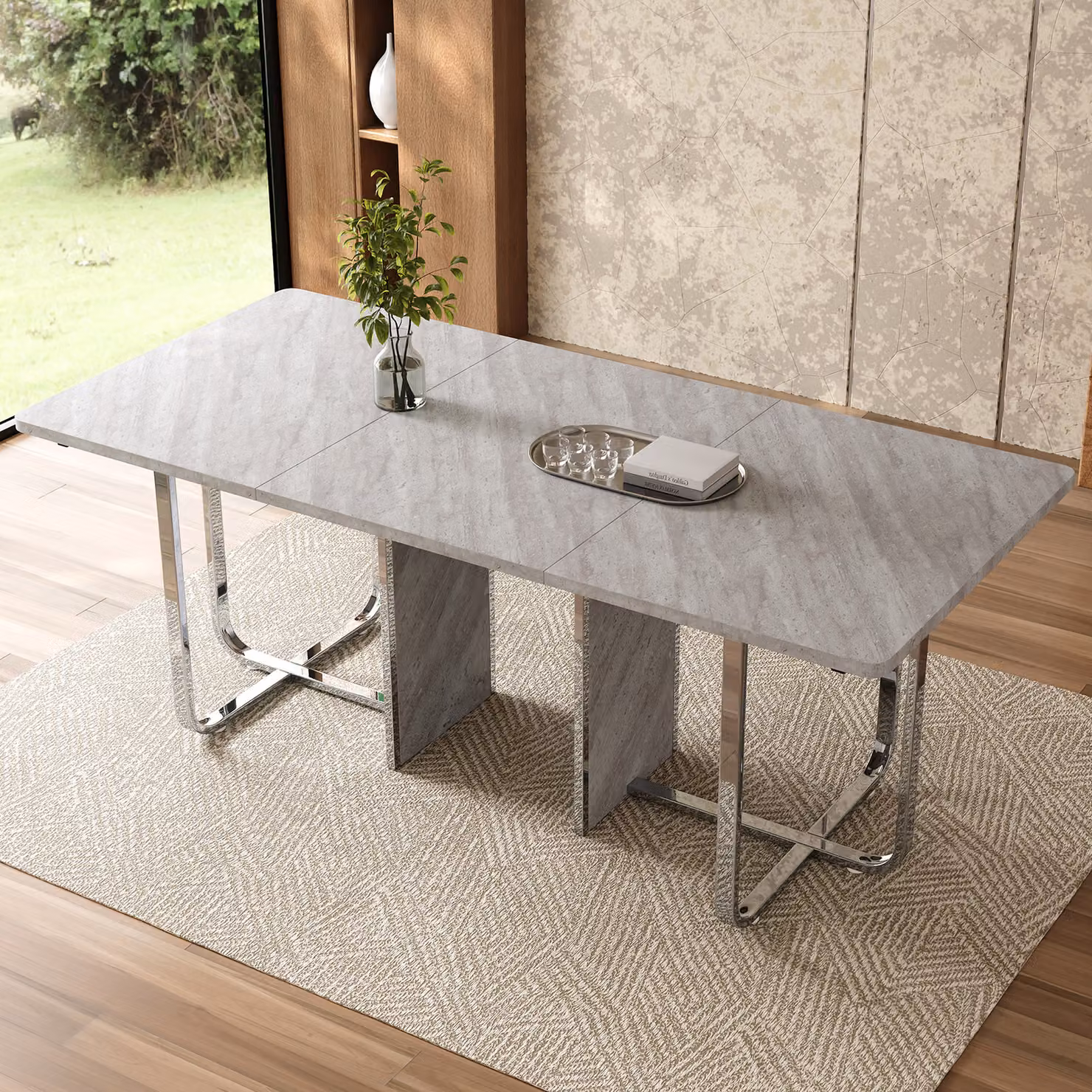 Tavolo da pranzo rettangolare Flieks, tavolo da lavoro con gambe in metallo, tavolo per 6 persone, tavolo da cucina moderno e semplice, grigio + argento