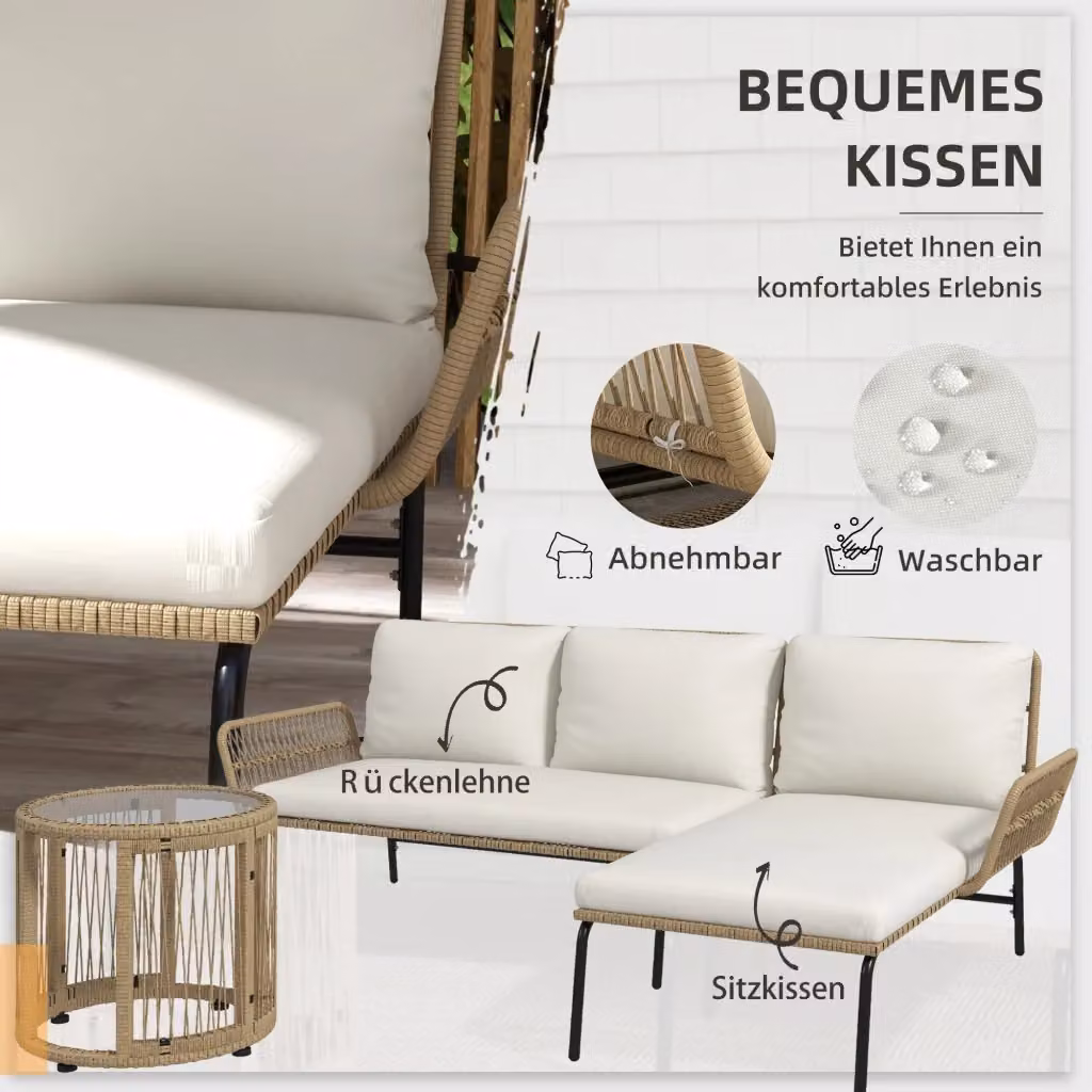 Set di mobili da giardino REDOM in stile boho composto da divano a 2 posti, poltrona lounge e tavolino da caffè con struttura in metallo bianco e cuscini imbottiti bianchi – 2