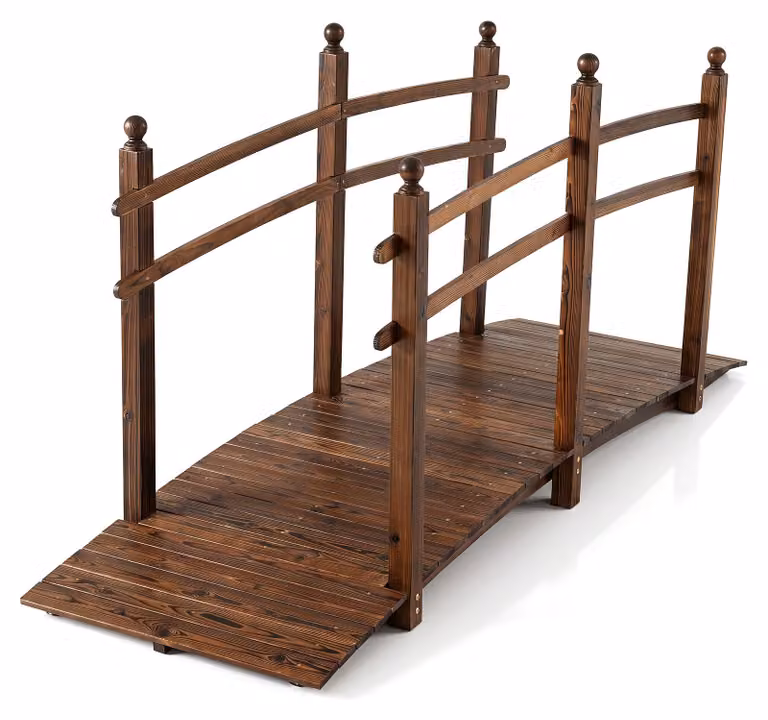 Ponte da giardino COSTWAY con ringhiere, ponte per laghetto o decorativo, realizzato in legno massello di abete, capacità portante fino a 500 kg, dimensioni 230x73x108 cm, colore marrone
