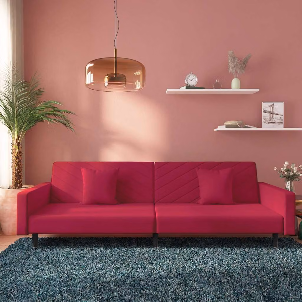 vidaXL Divano Letto Click-Clack in Velluto Rosso con 2 Cuscini e Struttura in Legno Massiccio