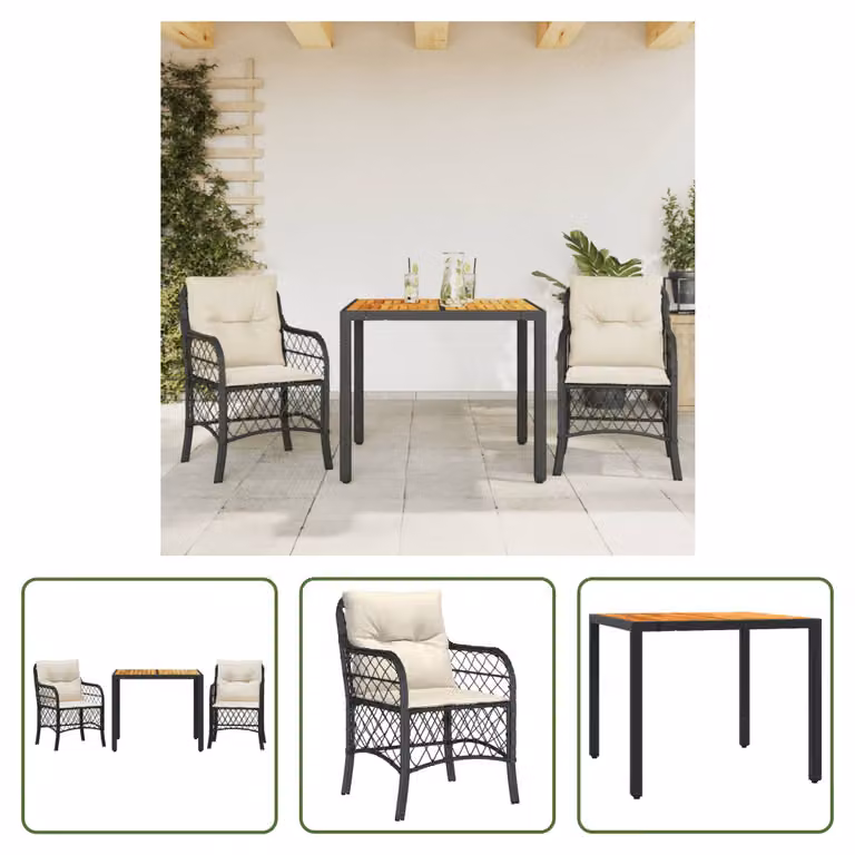 The Living Store Set bistrot 3 pezzi con cuscini in poly rattan nero