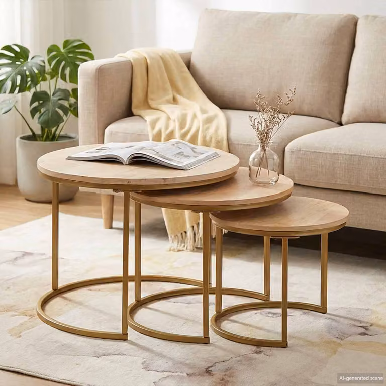 Set di 3 tavolini da caffè nido vidaXL in legno di mango e metallo, marrone, L/P/H: 54 x 54 x 40 cm